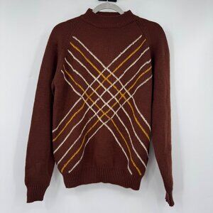 Vtg Mens Pullover mock turtleneck Sweater Retro acrylic brown graphic geometric
